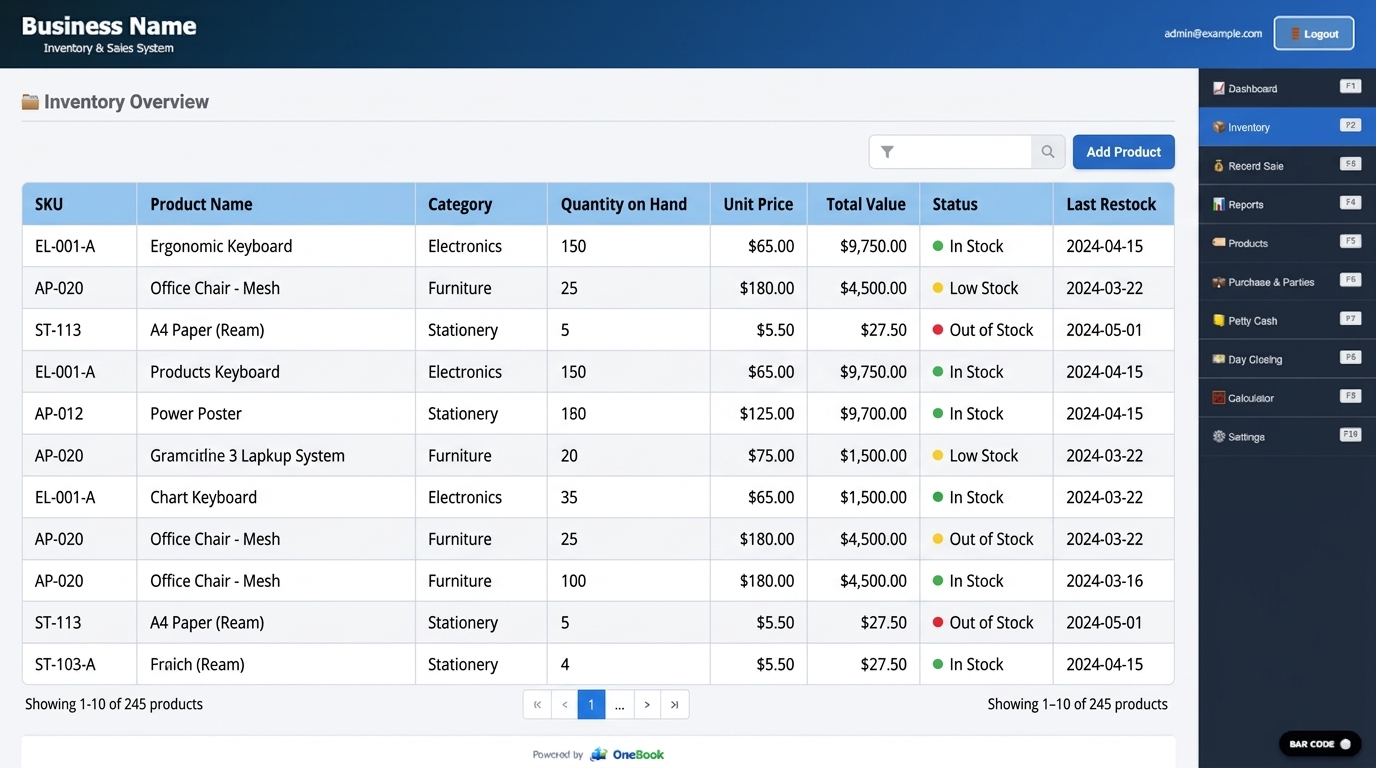 OneBook Inventory screen