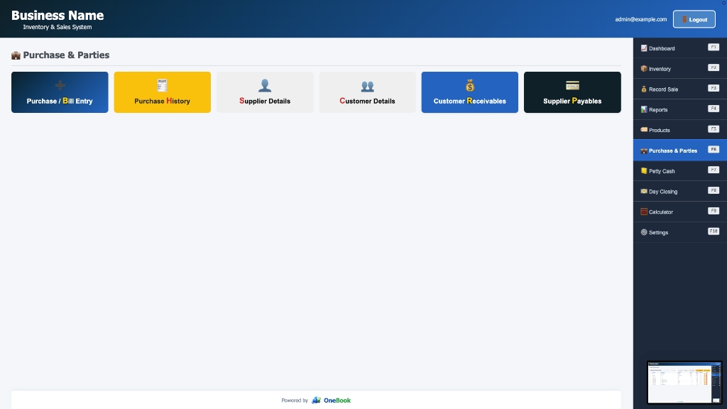 OneBook Purchase & Parties screen