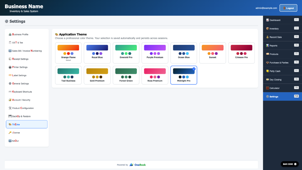 OneBook Settings screen